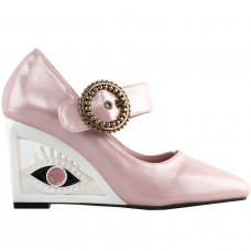 SHOW STORY Glittery Pink Buckle Mary-Jane Square-Toe Wedge Eye Shape Heels Pumps