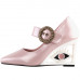SHOW STORY Glittery Pink Buckle Mary-Jane Square-Toe Wedge Eye Shape Heels Pumps