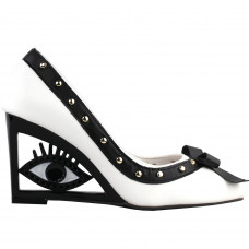 SHOW STORY Vintage White Black Two Tone Square-Toe Wedge Eye Shape High Heels Pumps