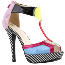 SHOW STORY Sexy Ladies Multicoloured Stripe T-Bar Zip Ankle Strap Stiletto Platform Sandals