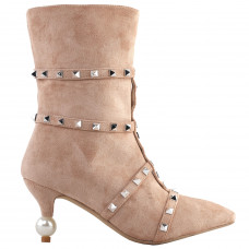 SHOW STORY Retro Beige Stud Strappy Pointed Toe Exquisite Pearl Heel Dress High Heels Ankle Bootie