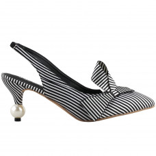 SHOW STORY Retro Black White Stripes Bow Pointed Toe Pearl Heel Dress Artsy Heels Slingback Pump