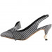 SHOW STORY Retro Black White Stripes Bow Pointed Toe Pearl Heel Dress Artsy Heels Slingback Pump