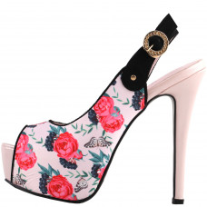 SHOW STORY Sexy Black Pink Floral Print Slingback Platform High Heels Stiletto Sandals