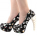 Show Story Ladies Skull Rose Print Platform Bone Heel Party Club Pumps,LF80610