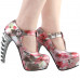 SHOW STORY Retro T-Bar Floral Print Buckle Mary-Jane Gladiator Platform Bone Heels Pumps