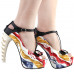 SHOW STORY Retro T-Bar Liquid Print Buckle Bow Mary-Jane Gladiator Platform Bone Heels Pumps