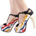 SHOW STORY Retro T-Bar Liquid Print Buckle Bow Mary-Jane Gladiator Platform Bone Heels Pumps