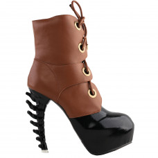 SHOW STORY Cool Brown Black Two Tone Lace-Up High-top Bone Heels Platform Ankle Boots