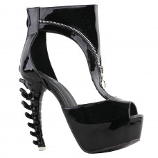 SHOW STORY Retro Black Metal Zip Peep Toe Gladiator Platform Bone Heels Sandals