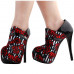 SHOW STORY Black Red Rose Print Stripe Hidden Platform Stiletto Ankle Boot Bootie