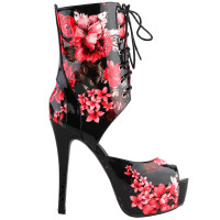 SHOW STORY Retro Black Red Floral Print Lace-Up Platform High Heel Club Ankle Bootie Sandals