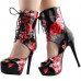 SHOW STORY Retro Black Red Floral Print Lace-Up Platform High Heel Club Ankle Bootie Sandals