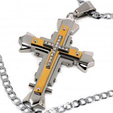 SCOO Men's Large Stainless Steel Gold Silver Cross Biker Pendant Necklace Vintage -with 19 inch Chain 