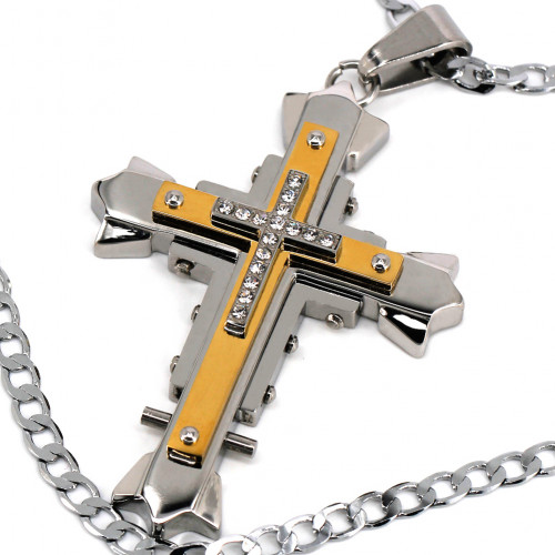 SCOO Men's Large Stainless Steel Gold Silver Cross Biker Pendant Necklace Vintage -with 19 inch Chain SCOO Men's Large Stainless Steel Gold Silver Cross Biker Pendant Necklace Vintage -with 19 inch Chain