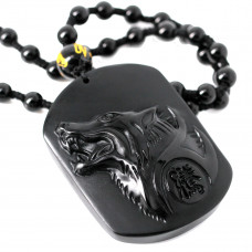 SCOO Hand Carved Natural Genuine Obsidian Howling Wolf Head Amulet Pendant Necklace 