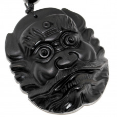 SCOO Hand Carved Natural Genuine Obsidian Buddha Zhong Kui Head Amulet Pendant Necklace 