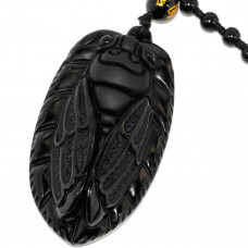 SCOO Hand Carved Natural Genuine Obsidian Cicada Amulet Pendant Necklace