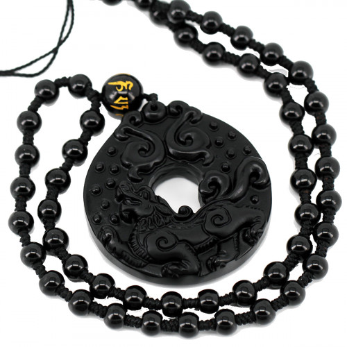SCOO Hand Carved Natural Genuine Obsidian Round Pendnat Kirin Engraving Necklace Amulet Necklace 
