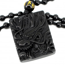 SCOO Hand Carved Natural Genuine Obsidian Dragon Amulet Pendant Necklace 