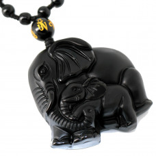 SCOO Hand Carved Natural Genuine Obsidian Mother Elephant & Baby Elephant Amulet Pendant Necklace 