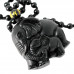 SCOO Hand Carved Natural Genuine Obsidian Mother Elephant & Baby Elephant Amulet Pendant Necklace 