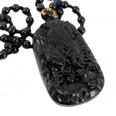 SCOO Hand Carved Natural Genuine Obsidian Eagle & Fish Amulet Pendant Necklace 