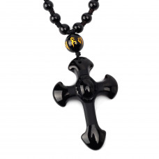 SCOO Hand Carved Natural Genuine Obsidian Cross Amulet Pendant Necklace 