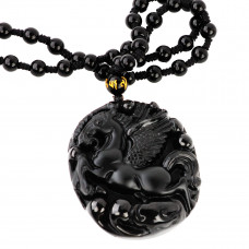 SCOO Hand Carved Natural Genuine Obsidian Pegasus Amulet Pendant Necklace 