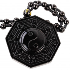 SCOO Jewelry Natural Black Obsidian Round Tai Chi Gossip Pendant Extend Bead Necklace 