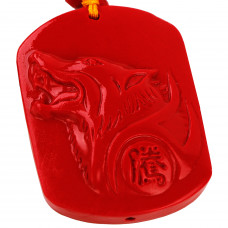 SCOO Hand Carved Natural Genuine Cinnabar Howling Wolf Head Amulet Pendant Necklace 