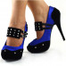 Ladies Satin Black Suede Ankle Strap Studs Buckle Platform High Heel Party Shoes