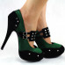 Ladies Satin Black Suede Ankle Strap Studs Buckle Platform High Heel Party Shoes