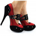 Ladies Satin Black Suede Ankle Strap Studs Buckle Platform High Heel Party Shoes