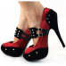 Ladies Satin Black Suede Ankle Strap Studs Buckle Platform High Heel Party Shoes