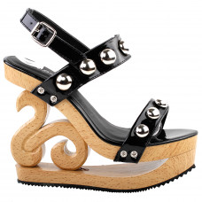 Sexy Metal Ball Strappy Slingback Wooden Look Wedges Platform Clogs Sandal Black