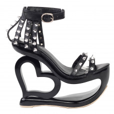 Punk Black Spikes Strappy Heart Heel Wedge Evening Sandals