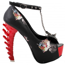 Show Story Skull Rose Print Studs Chain Peeptoe Platform Bone Heel Pumps,LF80631