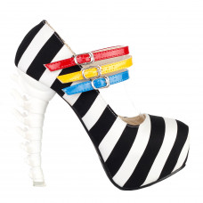 Show Story Black White Stripe 3 Strap Platform Bone Heel Mary Jane Pumps,LF80636