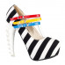 Show Story Black White Stripe 3 Strap Platform Bone Heel Mary Jane Pumps,LF80636