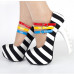 Show Story Black White Stripe 3 Strap Platform Bone Heel Mary Jane Pumps,LF80636