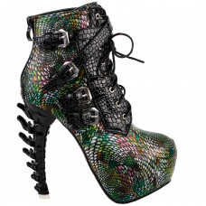 Show Story Punk Black Snake Print Lace Up Buckle Bone Heels Platform Ankle Boots,LF80648