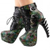 Show Story Punk Black Snake Print Lace Up Buckle Bone Heels Platform Ankle Boots,LF80648