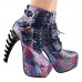 Show Story Punk Black Snake Print Lace Up Buckle Bone Heels Platform Ankle Boots,LF80648