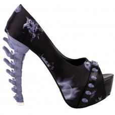 SHOW STORY Sexy Black Skull Band Peeptoe Platform Bone Heel Club Pumps,LF80654