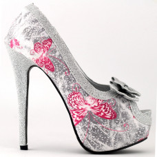 Show Story Silver Butterfly Print Bow Platform High Heel Stiletto Pumps,LF80814