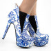 Blue And White Porcelain Platform Stiletto Ankle Boot Bootie