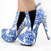 Blue And White Porcelain Platform Stiletto Ankle Boot Bootie