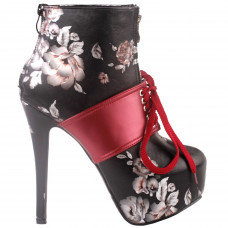 Retro Black Red Two Tone Flower Print Lace-Up Zip Platform Stiletto Ankle Bootie